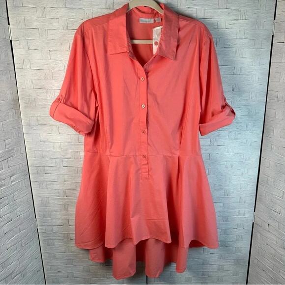 New York & Company Coral blouse, high low Asymmetrical roll tab sleeve plus size - Picture 1 of 12